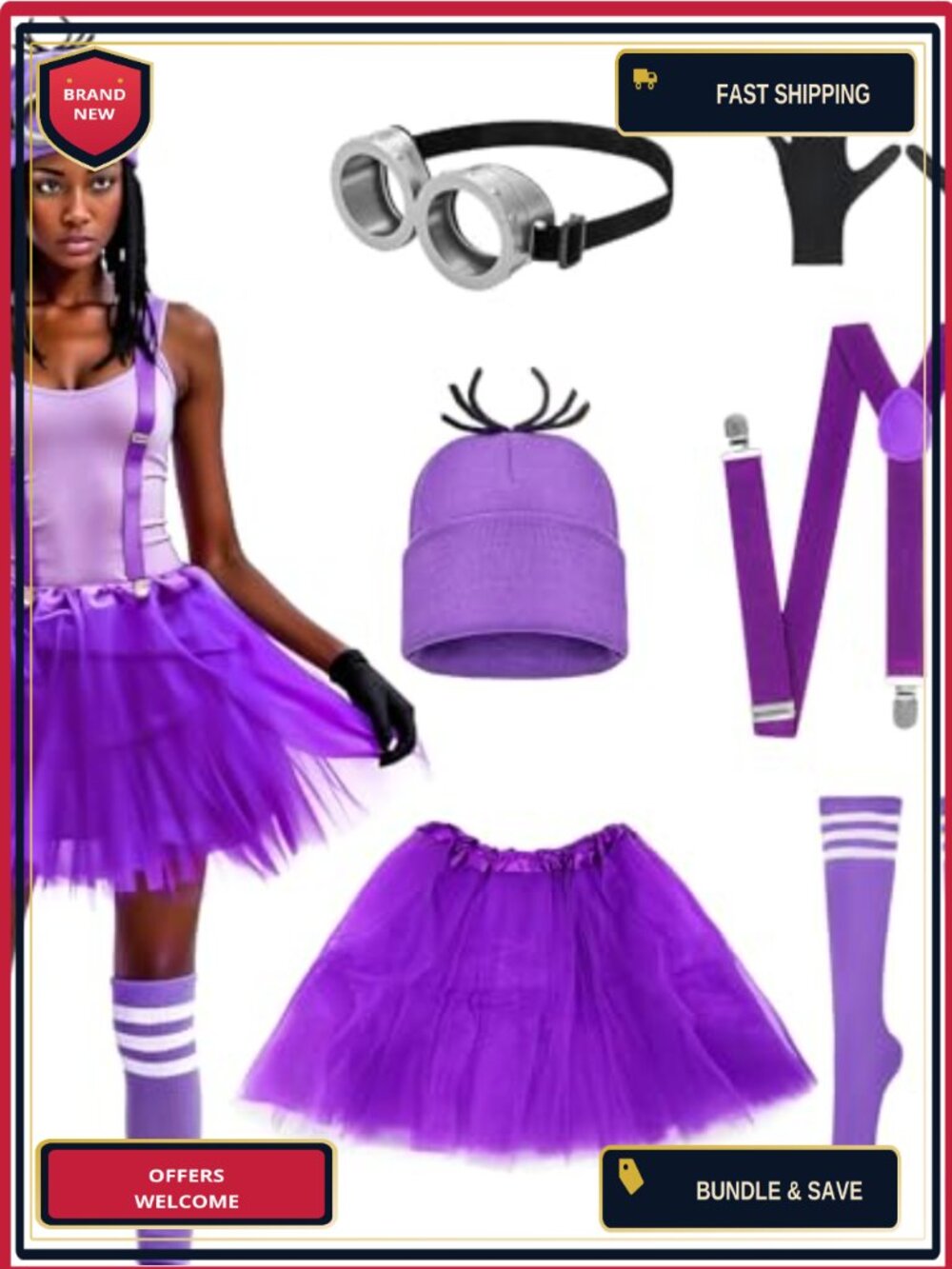 6 Pc Halloween Costume Accessory Set Cosplay Tutu Goggles Suspenders Women